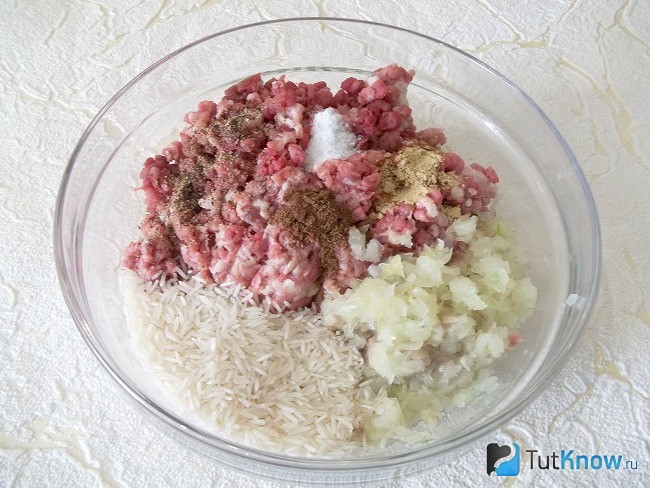 Мясо, лук,рис и специи соединены в одной емкости
