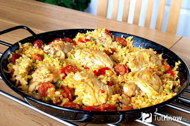 Курица с рисом и овощами в сковороде