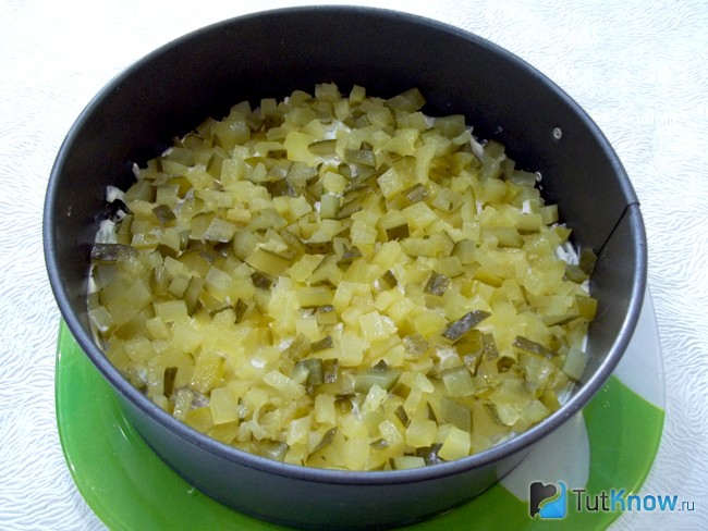 Соленые огурцы нарезаны кубиками и выложены в форму салатницы
