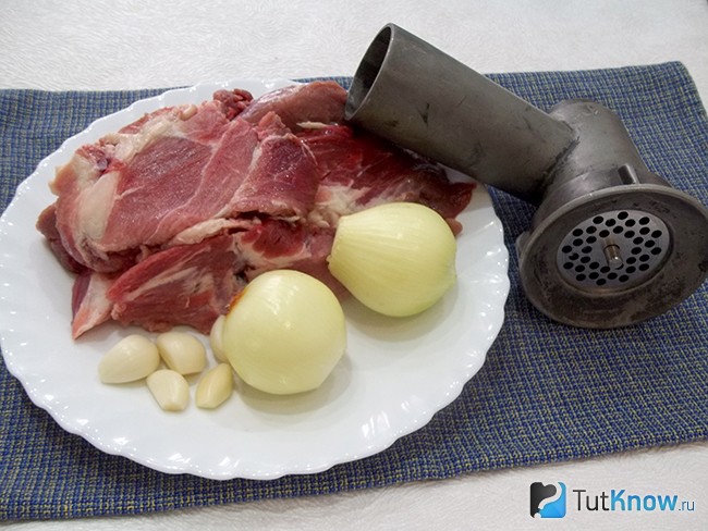 Мясо, лук и чеснок вымыты и высушены