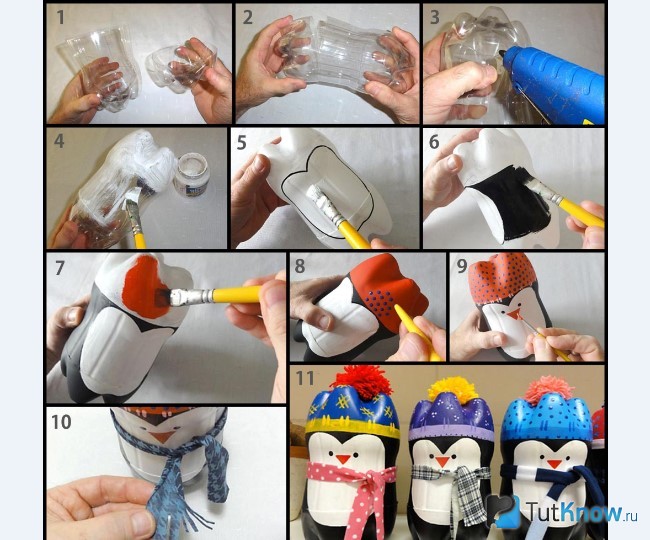 Пингвины из пластиковой бутылки для декора сада
