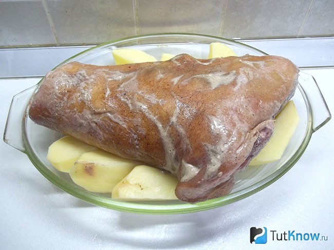 В форму для выпечки выложен картофель и колено