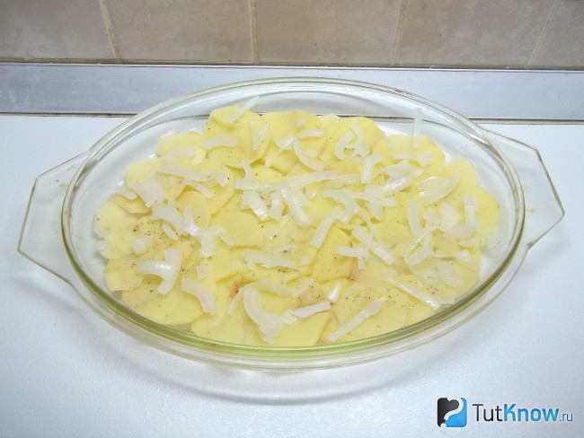 На картофель выложен репчатый лук