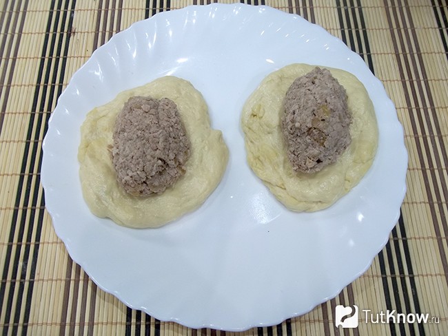 Из теста сформированы лепешки, в которые выложена мясная начинка