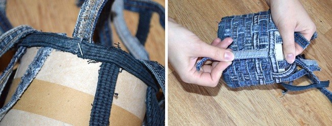 Плетение джинсовыми полосами вокруг основы кашпо