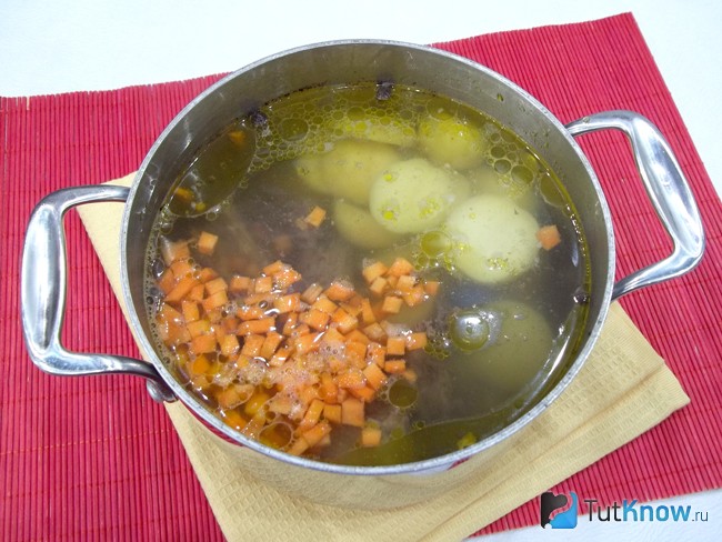 В бульон опущенны морковь м картофелем