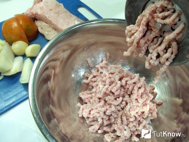 Мясо, помидоры, лук и чеснок перекручены