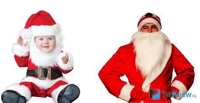 Ребёнок и мужчина в костюмах Деда Мороза