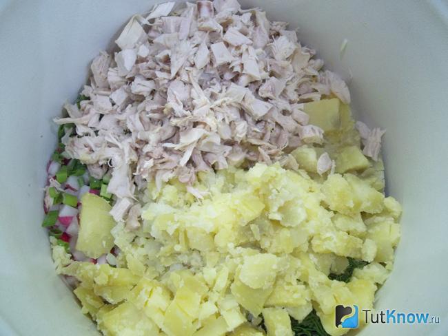 Картофель и курицей нарезаны