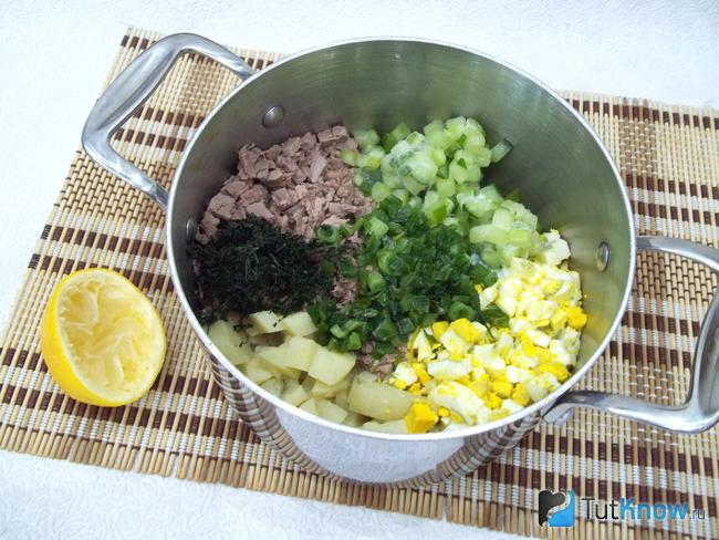 Продукты сложены в кастрюлю и залиты кефиром