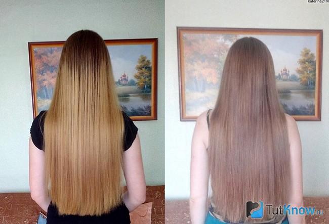 Волосы девушки до и после применения тоника