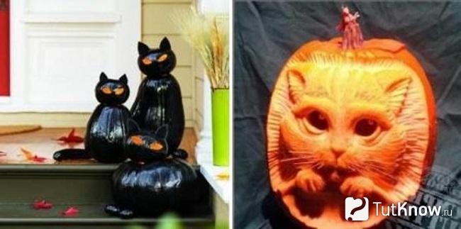 Три чёрных кота из тыквы и один силуэт котика, вырезанный в тыкве