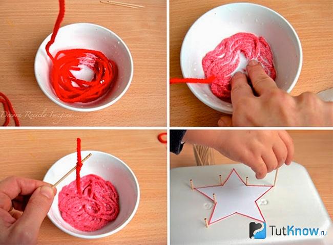 Процесс создания елочной игрушки из пряжи