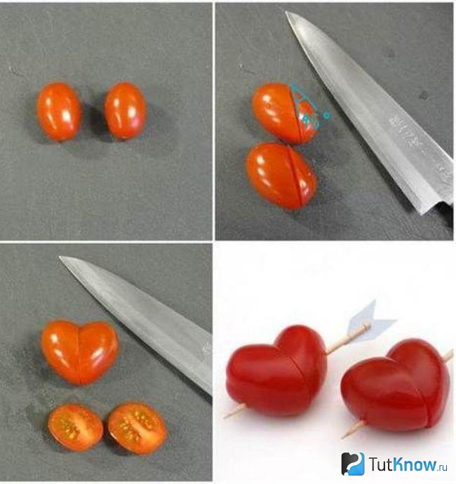 Процесс складывания сердечка из кусков помидора