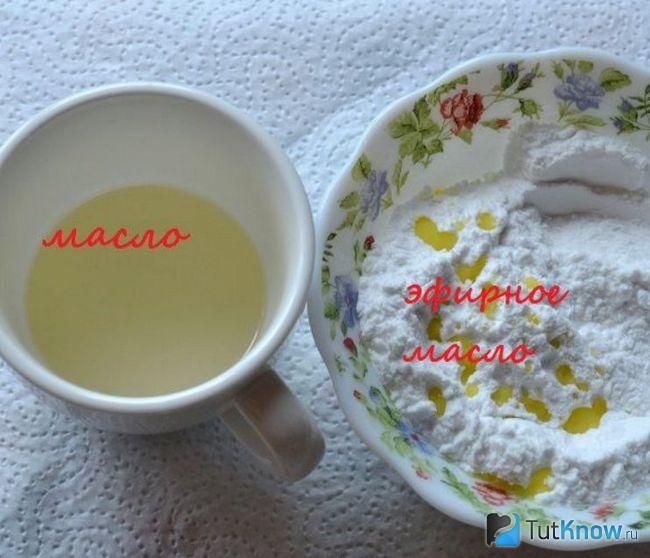 Пиала с эфирным маслом и тарелка с крахмалом