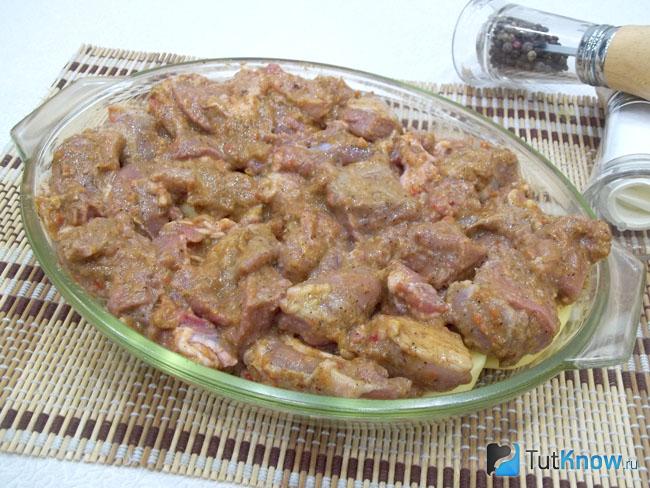 На картофель выложено маринованное мясо
