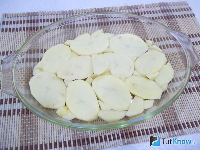 В форму для выпечки выложены картофельные слайсы