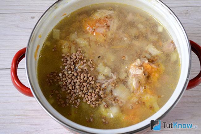 Гречка, тушенка, морковь и лук залиты водой