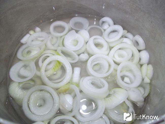 Репчатый лук залит водой