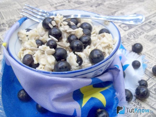 Готовая овсянка с медом, черной смородиной и семечками
