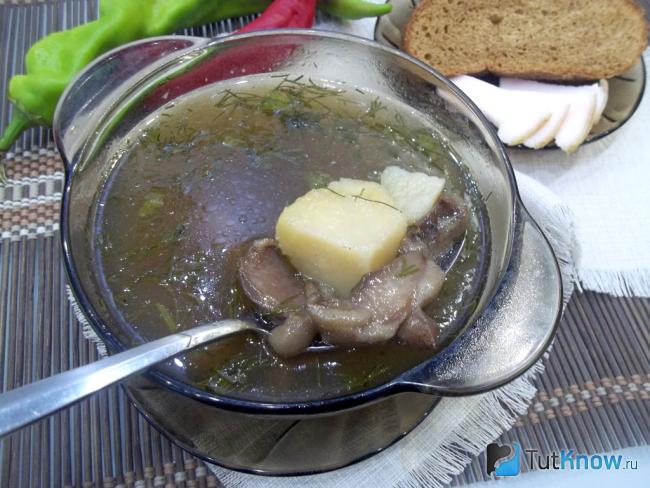 Готовый суп с замороженными и сушеными белыми грибами