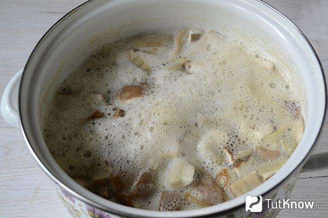 Кусочки белых грибов провариваются в кастрюле