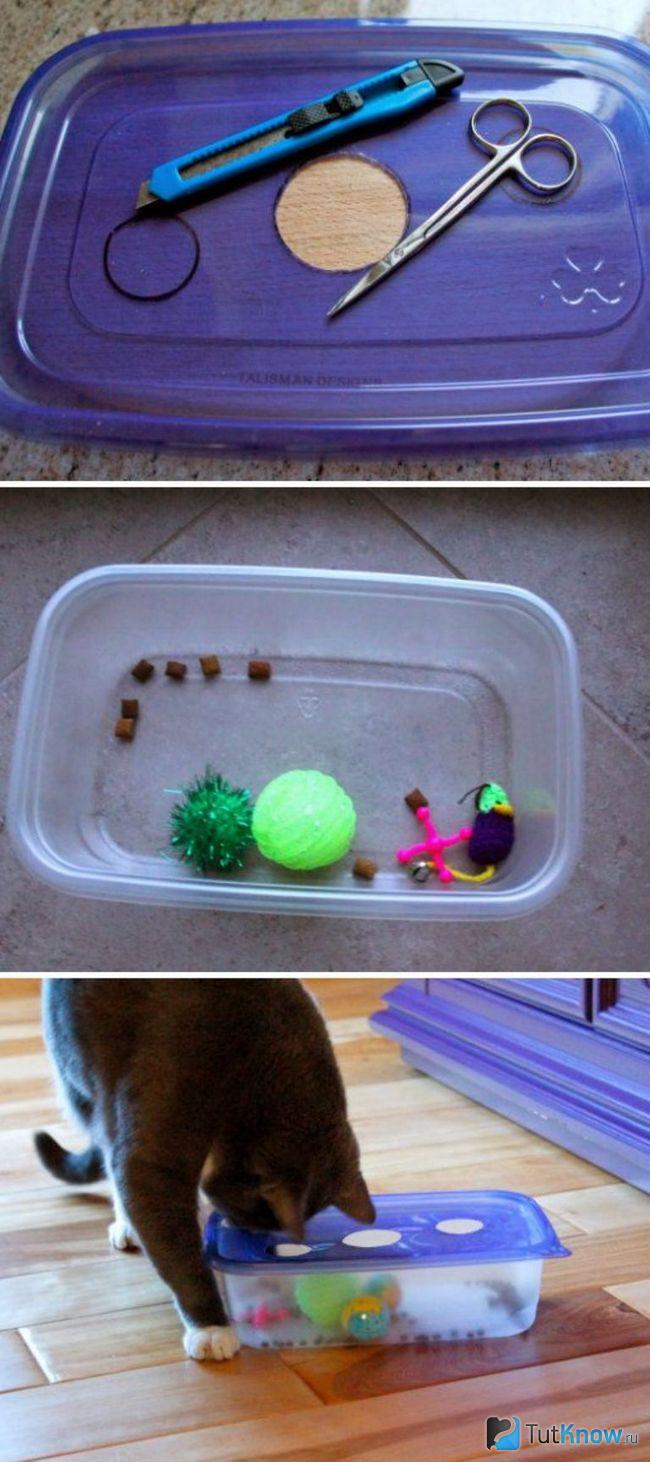 Готовая игрушка из пластикового контейнера для кота