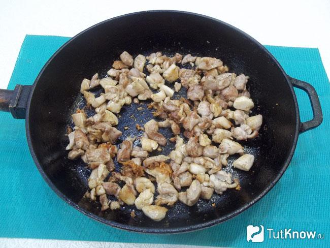 Куриное мясо обжарено в сковороде