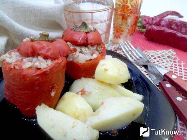 Готовая гемиста с мясом, овощами, рисом и картофелем