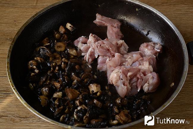 Мясо и грибы на сковороде