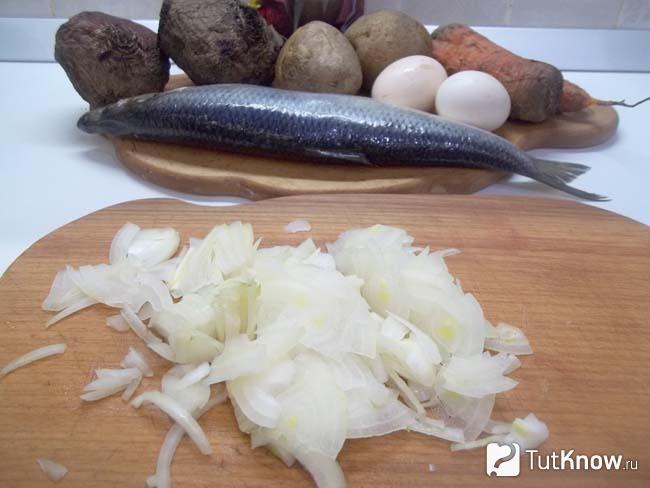 Репчатый лук очищен и нарезан четверть кольцами