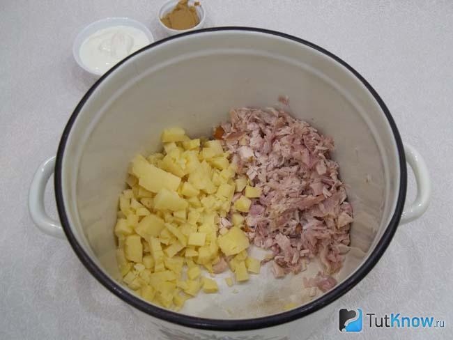 Отварной картофель и окорока нарезаны кусочками