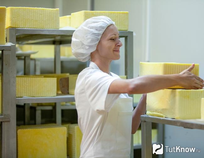 Головки сыра Данбо на стеллажах