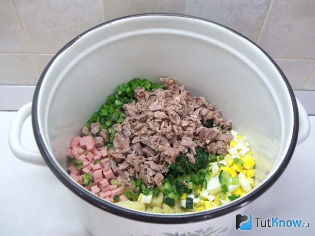 В кастрюлю сложены все продукты