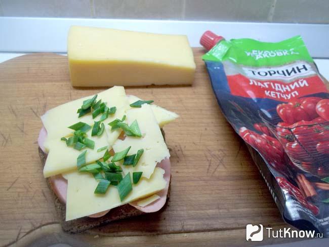 Сыр присыпан луковой стружкой