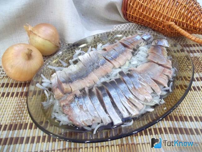 Готовая маринованная селедка с луком в масле
