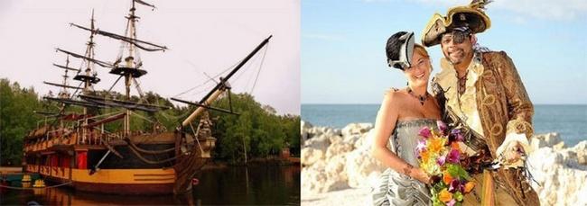 Пиратский корабль и молодожёны в пиратской одежде