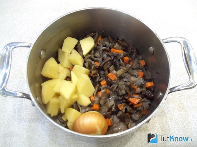 Грибы, морковь, картофель и лук сложены в кастрюлю