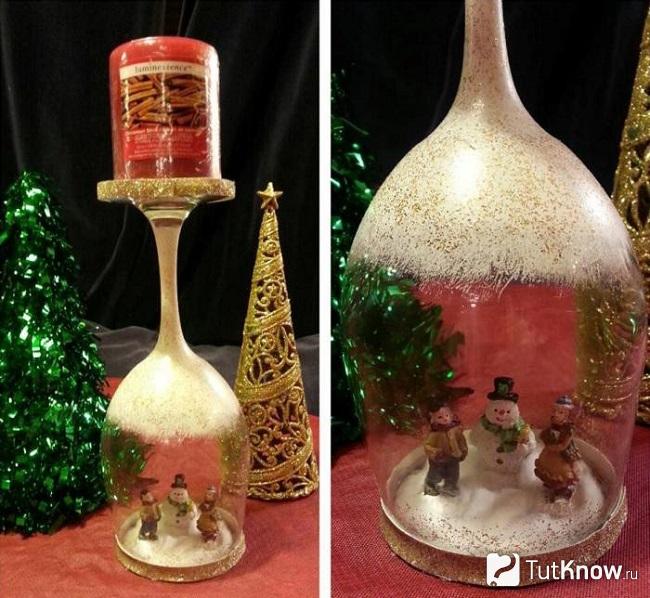 Подсвечники на Новый год из стеклянных бокалов