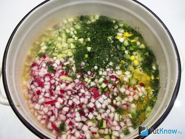 Все продукты сложены в кастрюлю и залиты водой