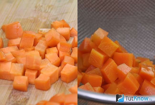 Морковь, нарезанная кубиками и отваренная