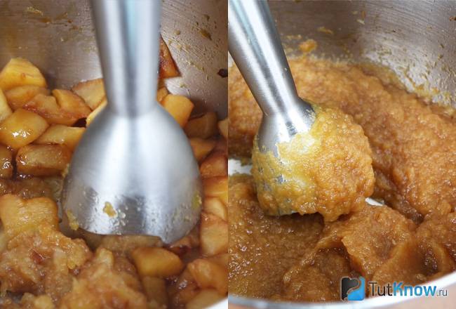 Яблоки измельчаются погружным блендером