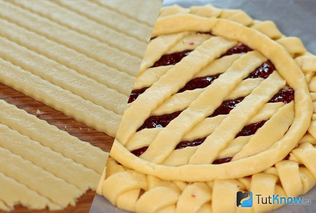 Украсить пирог сверху полосками из теста