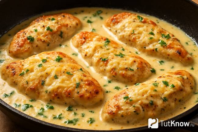 Куриное филе в сливочном соусе с сыром на сковороде