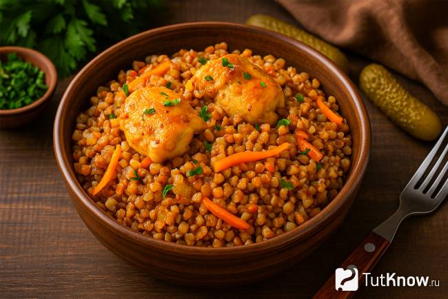 Гречка по-купечески с курицей на сковороде
