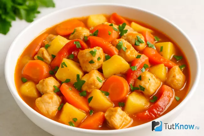 Тушеная картошка с курицей и овощами