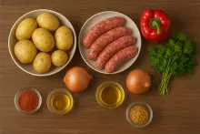 Ингредиенты для картофеля с немецкими колбасками и луком
