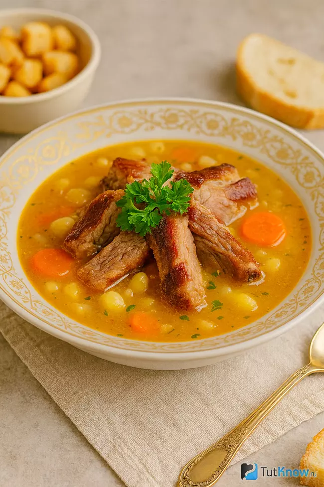 Рецепт горохового супа с копчёными рёбрышками