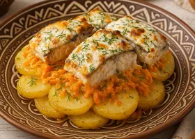 Картофель с рыбой и овощами в духовке по-якутски