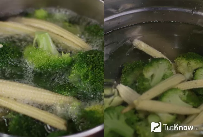 Шаг 4 - бланшировка брокколи и кукурузы бейби